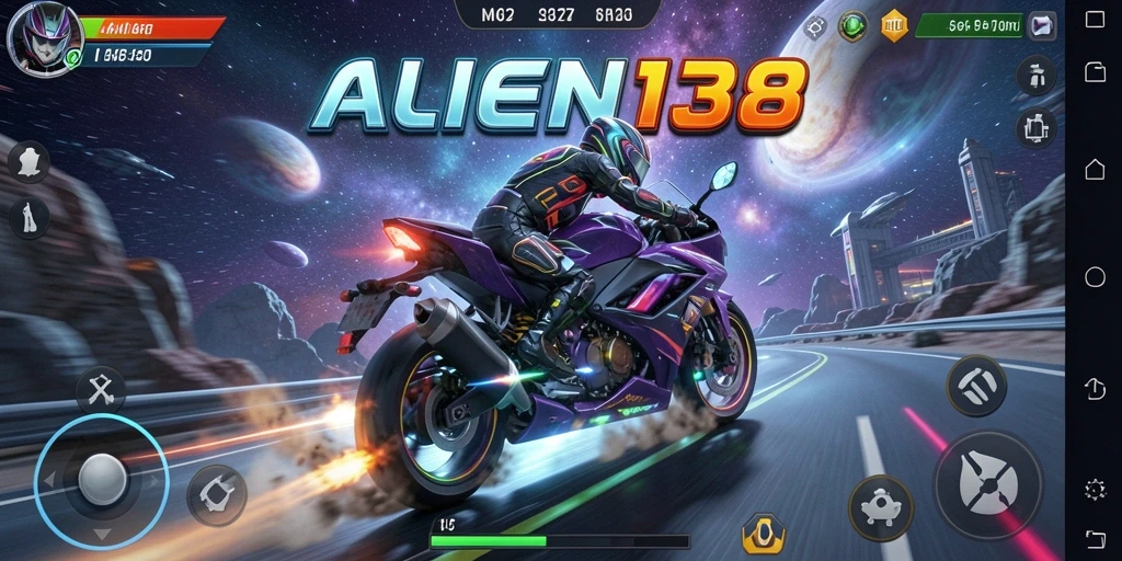 Screenshot gameplay ALIEN138 saat balapan motor cepat di luar angkasa.