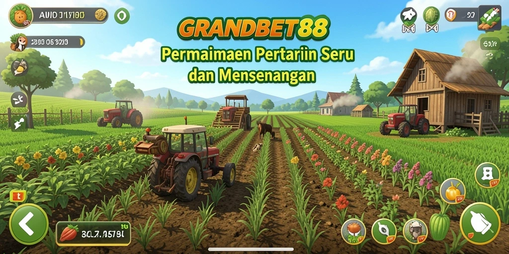 Screenshot gameplay <strong>GRANDBET88</strong> menunjukkan aktivitas bertani yang seru dan interaktif.