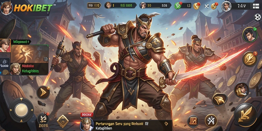 Screenshot HOKIBET menampilkan aksi mendebarkan dengan karakter berperang.