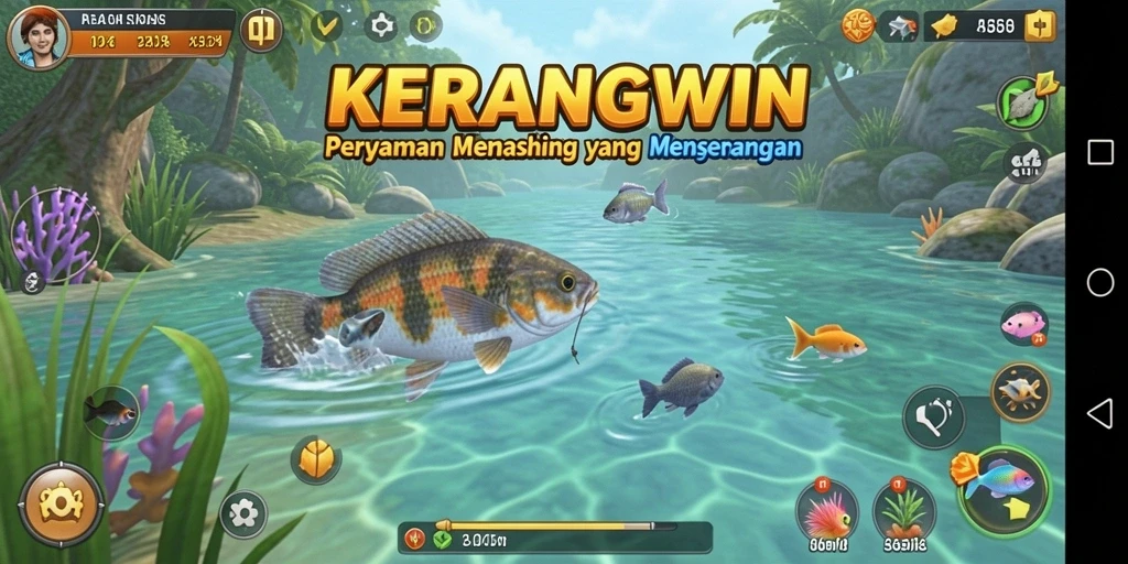 Screenshot gameplay KERANGWIN menampilkan momen memancing yang seru dan indah.