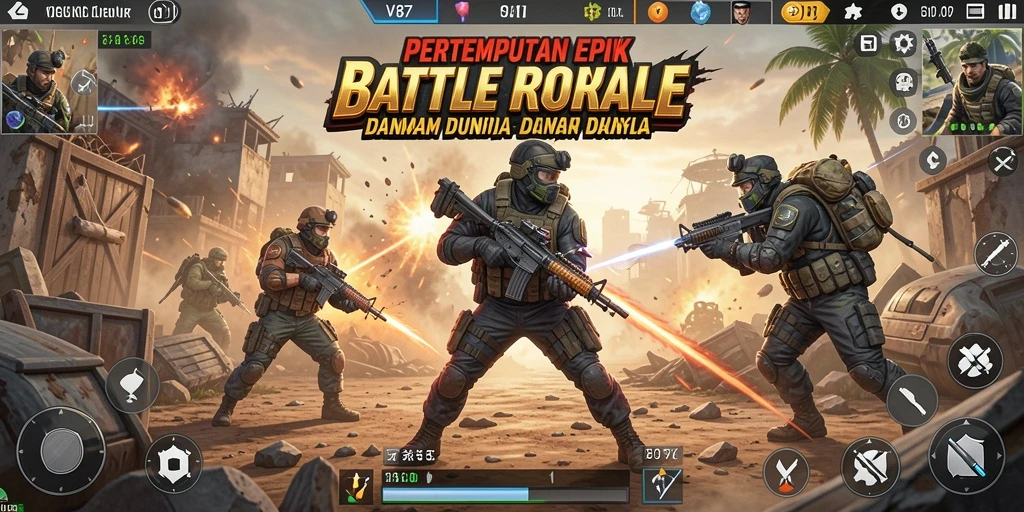 Tangkapan layar gameplay V87 menampilkan aksi menegangkan dalam Battle Royale.