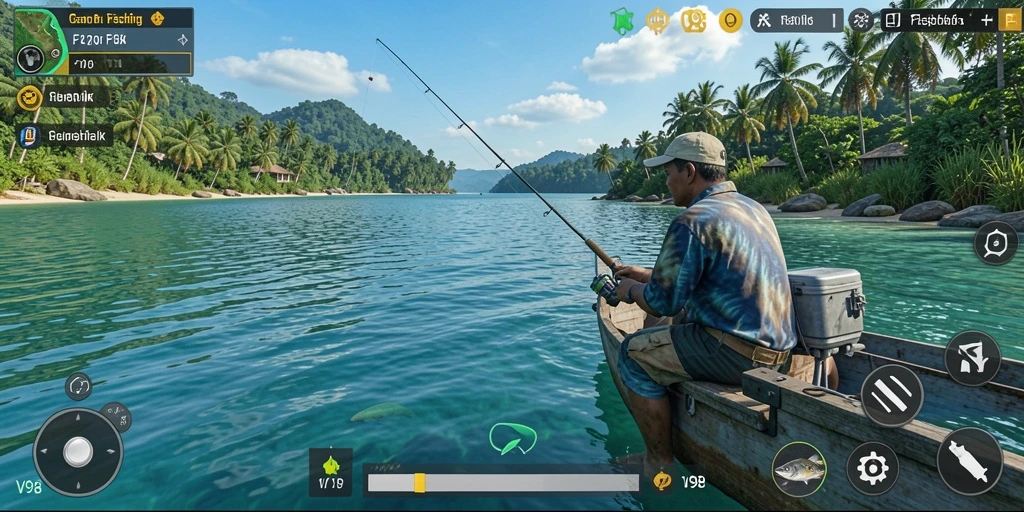 Tampilan screenshot V98 menampilkan aksi memancing yang mendebarkan.
