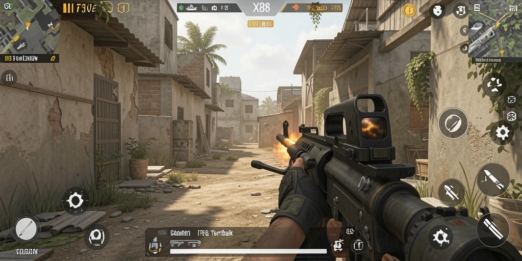Tangkapan layar gameplay X88 menampilkan aksi menembak yang mendebarkan.